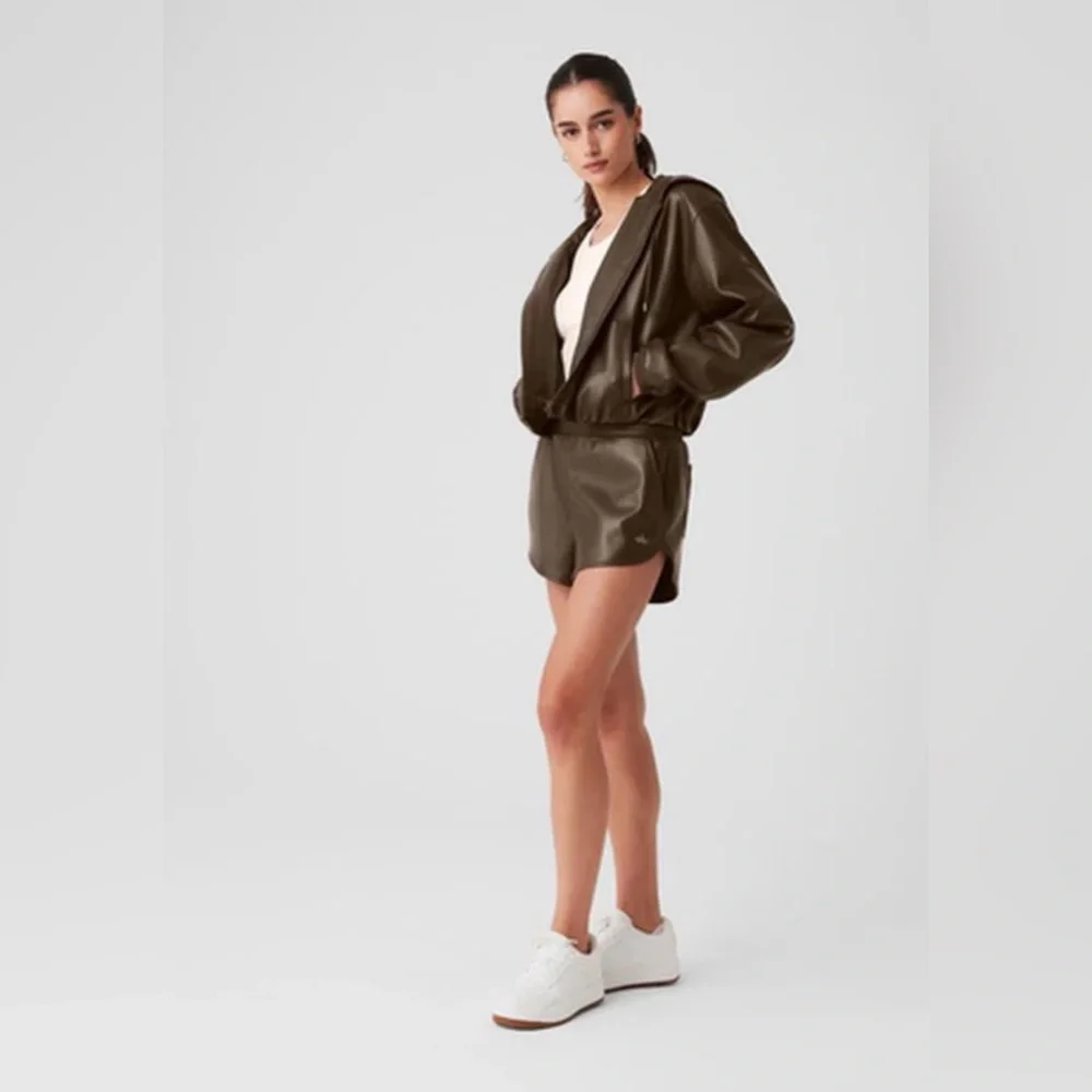 ALO Yoga Olive Green Faux-Leather Hooded Utility Jacket